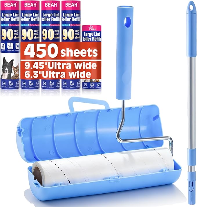 Large Lint Roller for Pet Hair Extra Sticky,9.45''/6.3"Pet Hair Removal Tool Roller for Dog Cat Hair,450 Sheets/5 Refills,Detachable Telescoping Extension Lint Remover Brush for Clothes,Couch,Carpets