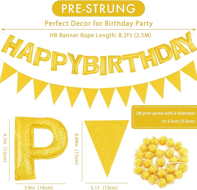 CANREVEL Pre-Strung 3D Happy Birthday Banner, 3 PCS Gold Happy Felt Garland, Pom Pom Garland, Triangle Fabric Bunting, Reusable Gold Birthday Decorations for Women Men Girls Boys
