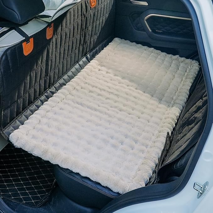 Dog Car Seat Cover for Back Seat, Plush Dog Bed Mat for Car, Fit for Backseat Extenders, Travel Pet Mat, Nonslip Soft Pet Pad for Cars Trucks and SUVs (Khaki, 24.8x54 inch)