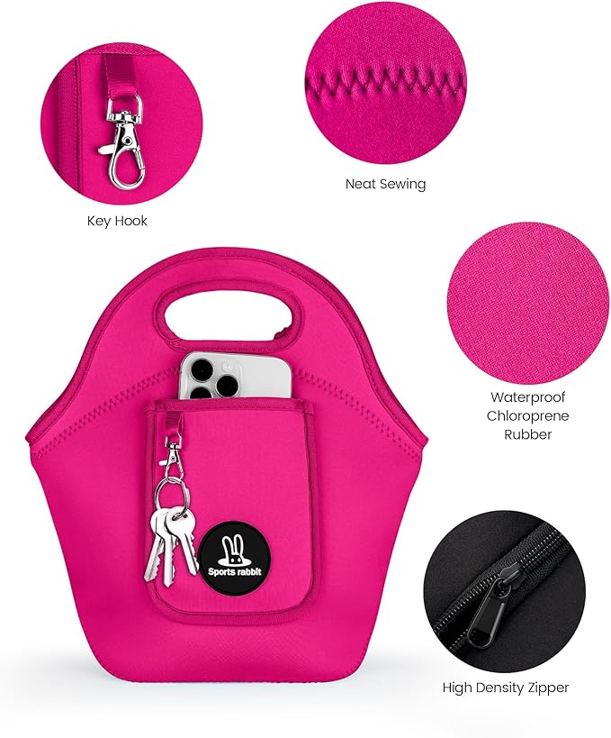 Sports Rabbit Insulated Neoprene Lunch Bag for Women – Foldable Lunch Tote with Front Pocket for Phone & Keys – Reusable, Lightweight, Waterproof, Easy Clean – Ideal for Work, Travel, Picnic(Rose Red)