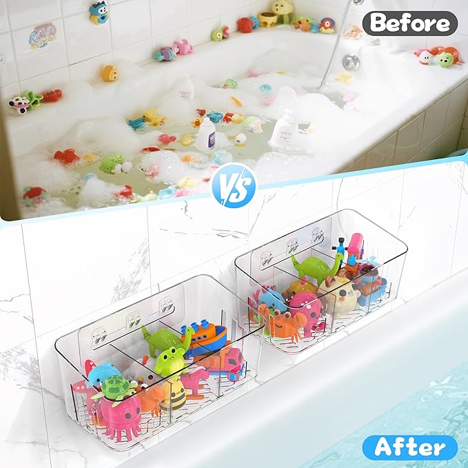Lysam Bath Toy Storage 4 Packs, Large Bath Toy Holder with 3 Compartment, Quick Dry Bathtub Toy Organizer, Bath Tub Toy Net, Shower Toy Basket & Bin, Bathroom Accessories for Baby,Toddler,Kids（Clear）