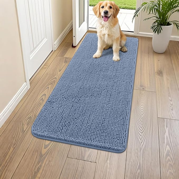Smiry Dog Door Mat for Muddy Paws 47x20, Absorbs Moisture and Dirt Doormat, Non-Slip Washable Quick Dry Chenille Front Door Mat Indoor Entrance, Entryway Carpet for Inside Floor, Airy Blue