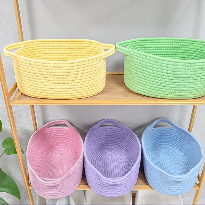 ABenkle Small Basket with Handles - Decorative Durable Rope Woven Storage Bin Shelf Storage Organizer Cube, Easter Baby Gift Basket, 12"x8"x5"