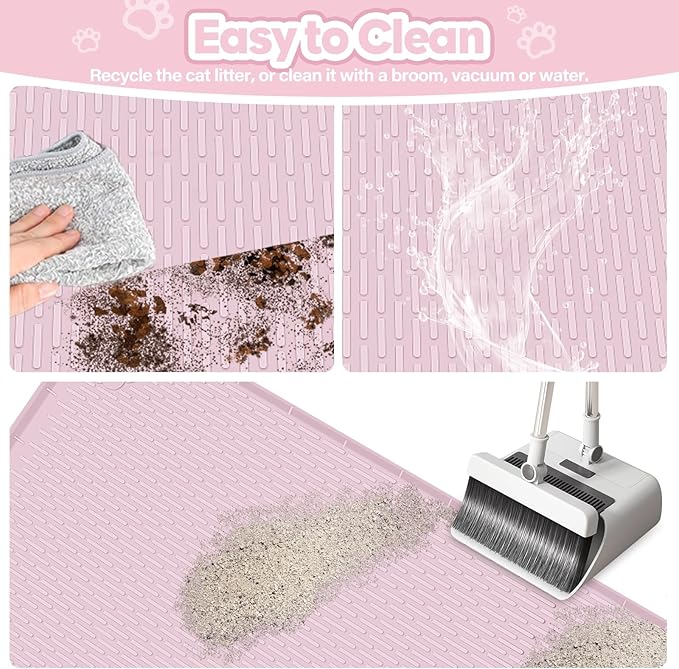 Bartuke Cat Litter Mat, Extra Large 34" x 22" Silicone Mat Litter Trapping Mat for Scatter Control, Soft on Kitty Paws, Easy to Clean (Pink)