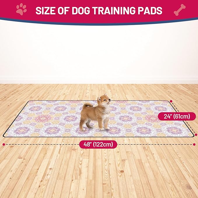 Washable Dog Pee Pads, 24"x48" Reusable Absorbent Dog Pads, Washable, Waterproof & Non-Slip Puppy Pads for Potty Training, Crate, Playpen, Whelping, Mandala Floral Pattern (Pack of 2)