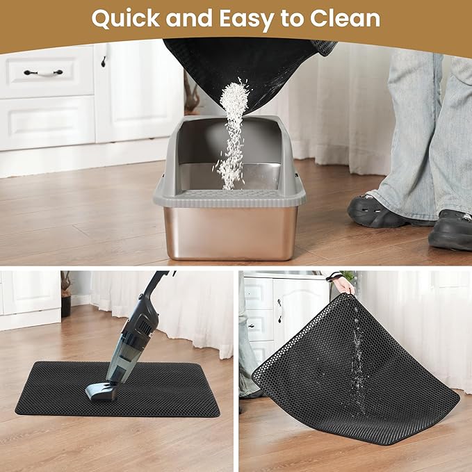 Cat Litter Mat 30x24 Inches, Honeycomb Double Layer Traps Litter & Waterproof Leatherette Bottom Prevents Urine Leaks, Durable & Easy Clean Pet Floor Protector for Cat Litter Box Area（Black）