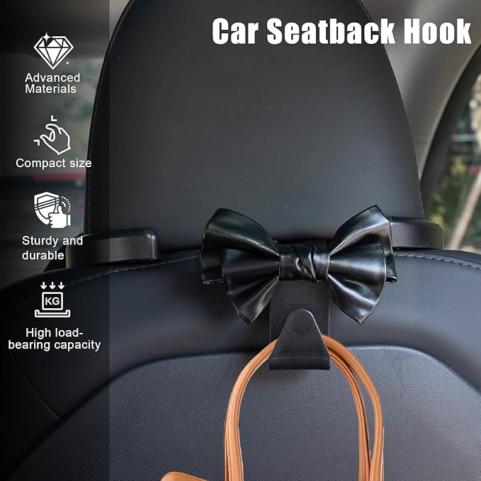 2 PCS Car Seat Headrest Hooks, Cute Bow Purse Hook Hanger for Car Headrest, Universal Leather Purse Holder for Umbrella, Storage Bag, Coat (Black)
