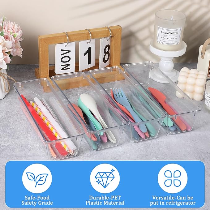 MBIYO 12 Pack Clear Drawer Organizers, 9 x 3 x 2“ Plastic Silverware Organizer Utensil Drawer Organizer for Desk Makeup Lipstick Kitchen Utensils Kitchen Drawers Dividers