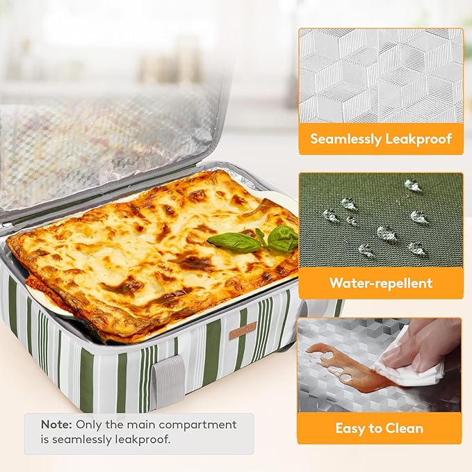 Lifewit LUNCIA Insulated Casserole Carrier for Hot or Cold Food, Lasagna Lugger Tote for Potluck Parties/Picnic/Cookouts, Fits 9"×13" Baking Dish, Dark Green