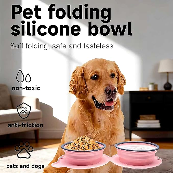 Collapsible Dog Bowls, 2-in-1 Silicone Pet Food and Water Bowl with Carabiner - Portable Double Compartment Travel Dish for Dogs, Ideal for Camping, Hiking, Car Rides, Puppy Essentials (Gray)