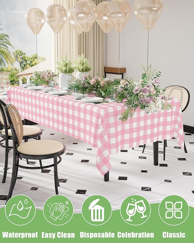 Smiry 12 Packs Gingham Disposable Table Cloth, 54 x 108 Inch Waterproof Plastic Tablecloth, Rectangle Pink and White Checkered Table Covers for Picnic, Birthday, Valentines