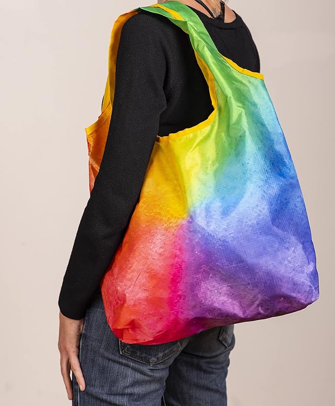 O-WITZ Reusable Grocery Bags | Vibrant Tote Bag For Groceries, Gym, Office, Beach, Toys & More | Washable Design With Large Handles For Maximum Convenience | Folds Into A Small Pouch, Bright Rainbow