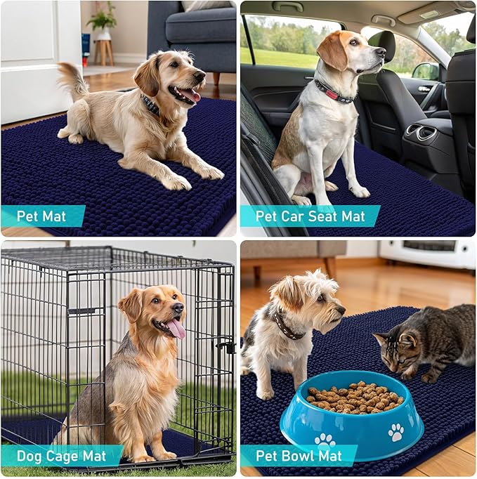 OLANLY Dog Door Mat for Muddy Paws 48x30, Absorbs Moisture and Dirt, Absorbent Non-Slip Washable Doormat, Quick Dry Chenille Mud Mat for Dogs, Entry Indoor Entryway Carpet for Inside Floor, Navy Blue