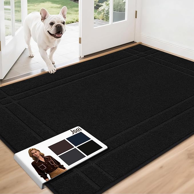 JSEI Entryway Rugs Doormat 36"x60", Non-Slip Dirt Trapper Door Mats Indoor, Washable Absorbent and Stain Resist Welcome Floor Mat for Front Door, Dog Door Mat, Muddy Wet Shoes & Paws, Black