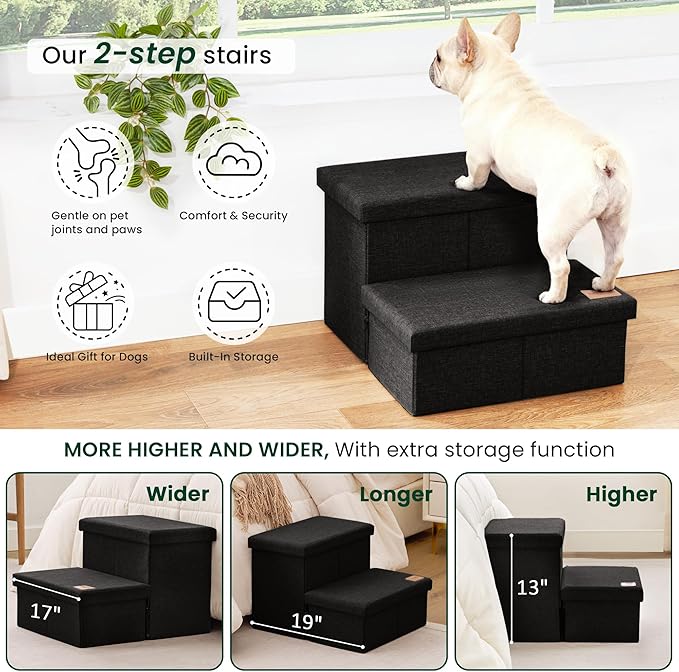 Love's cabin Dog Stairs with Storage 13" H,Foldable Pet Stairs for Small Medium or Large Dogs,Cat Puppy Steps Ramp with Zip up to 150 lbs(Black,2 Steps no Condo)