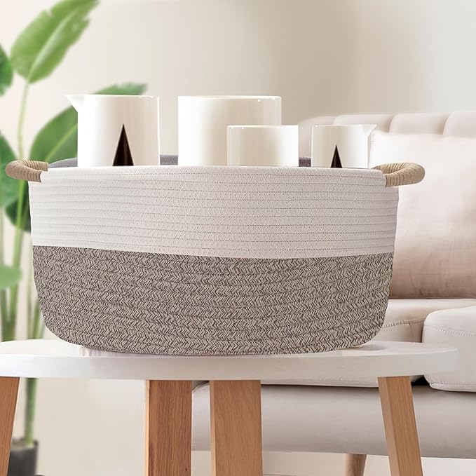 Medium Rope Basket with Handles, Medium Bohe Storage Basket, 17 "L x 12.5" W x 8.5 "H, Home Decor Organizer for Towels,toys, Books & Magazines