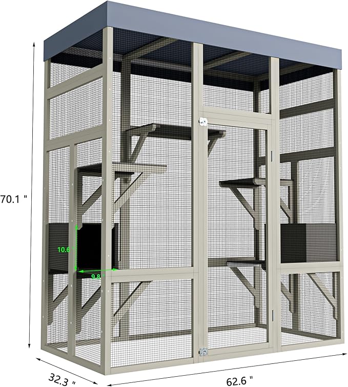 LOVMOR 62.6" Outdoor Wooden Catio for Cats, Large Cat Enclosure with Waterproof Roof, 2 Cat Houses & Platforms, Secure Rust-Proof Wire Pet Cage for Patio or Backyard