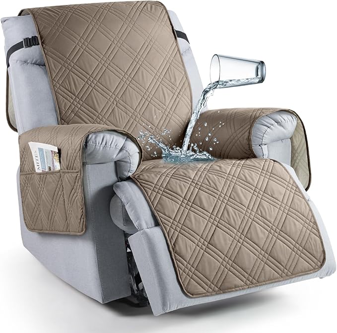 TAOCOCO Waterproof Recliner Chair Cover, Non Slip Oversized Recliner Covers for Recliner Chair with Pocket, Reclining Chair Cover Furniture Protector for Kids, Dogs(28'', Gray Taupe)