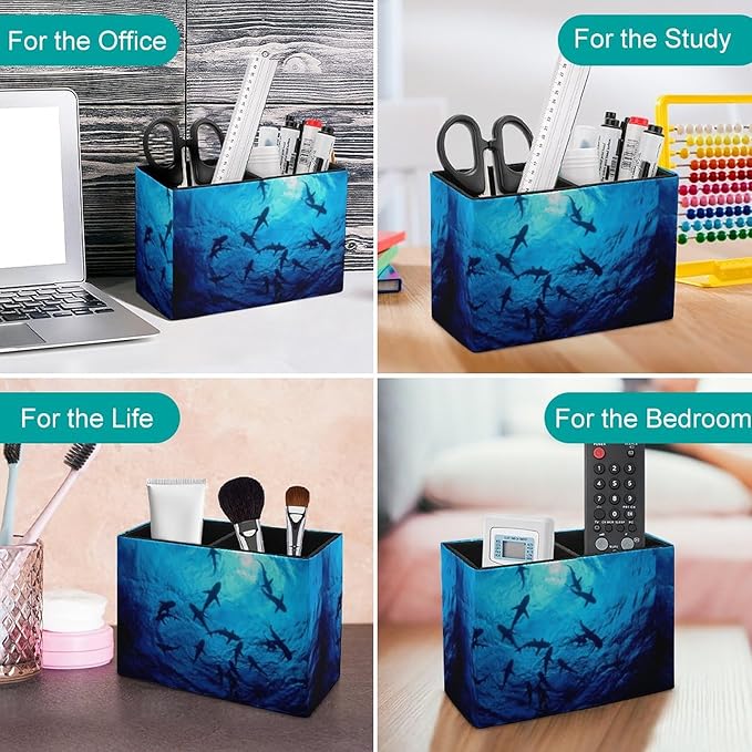 Pen Holder, Pencil Holder for Desk Organizer, Sea Ocean Animal Sharks PU Leather Pencil Cups Desktop Stationery Storage Makeup Brush Holder Pen Organizer for Office Home