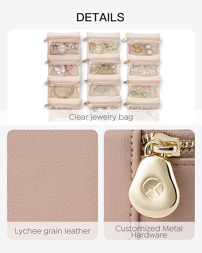 Vlando Jewelry Travel Case,Travel Jewelry Organizer with Clear Velvet Jewelry Bags 12Pcs Zipper Pouch for Women Wedding Gifts for Friends Sister-Khaki