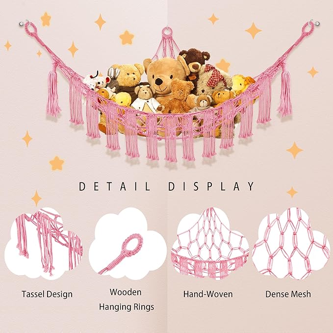 CERETIA Stuffed Animal Hammock with LED Light, Large Stuffed Animals Storage Corner Plushie Net for Kids Room Decor, Jumbo Pink