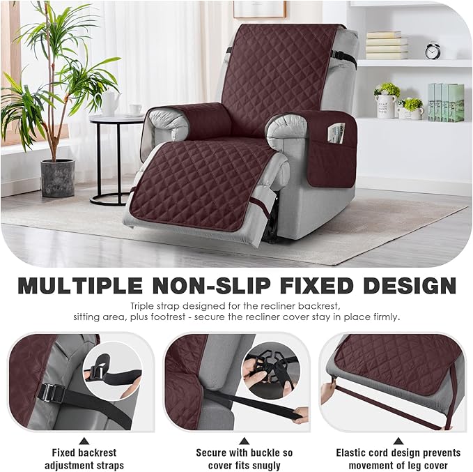TAOCOCO 100% Waterproof Recliner Chair Cover Non-Slip Reclining Cover for Recliner Chair Washable Chair Seat Cover with Elastic Straps for Pets Sofa Slipcover with Pocket (Oversized 28'', Coffee)