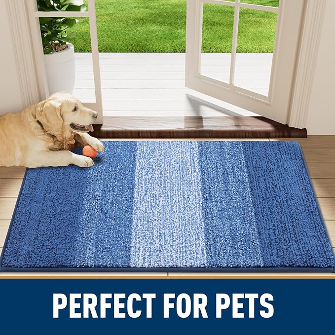 Smiry Dog Door Mat for Muddy Paws, Absorbs Moisture and Dirt, Low-Profile Entryway Mat with Non-Slip Backing, Entry Indoor Outdoor Doormat for Inside Floor (40x32 Inches, Navy Blue, Striped)
