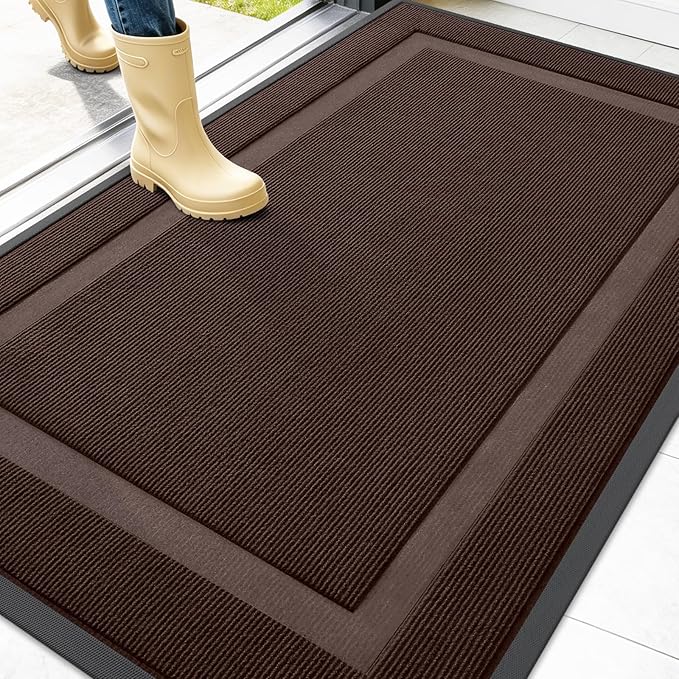 OLANLY Front Door Mat Indoor Outdoor Entrance, Waterproof All-Season, All-Weather Doormat, Sturdy Natural Rubber, Fade Resistant, Low Profile, Easy Clean Patio Porch Entryway Mat, 47x32, Dark Brown