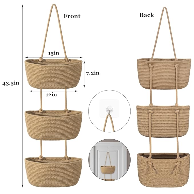 3 Tier Wall Mounted Woven Hanging Basket, Over the Door Hanging Basket with Hooks, Decorative Storage Hanging Closet Removable, Large Wall Basket for Living Room, Kitchen (White & Gray)