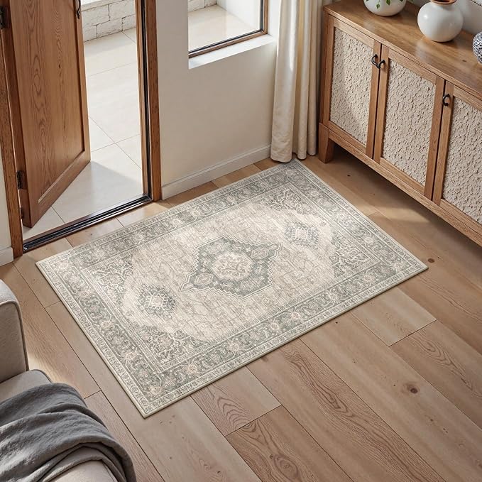 Lahome Oriental Kitchen Rugs Non Slip, 2x3 Small Rugs for Bedroom Entryway, Soft Door Mat Indoor Entrance Vintage Ultra-Thin Carpet for Kitchen Bathroom Bedroom Eleanor, Grey/Brown