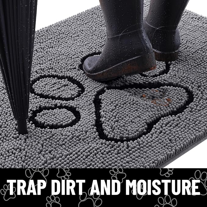 Smiry Dog Door Mat for Muddy Paws, Absorbent Dirt Trapper Non Slip Quick Dry Washable Chenille Mat for Mud Dogs, Entry Rug for Indoor and Outdoor (59x24 Inches, Dark Grey and Black)