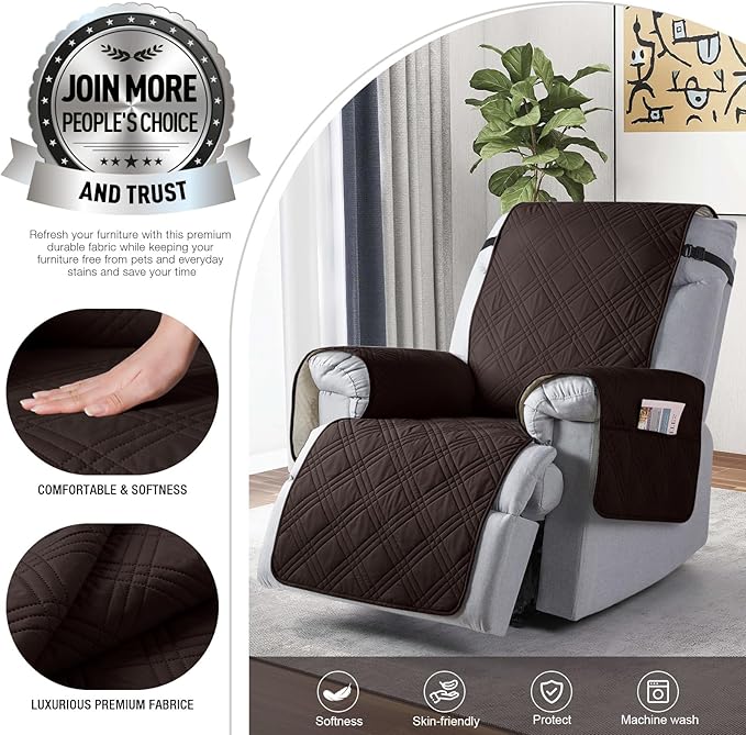 TAOCOCO 100% Waterproof Recliner Chair Cover, Oversized Recliner Covers for Large Recliner Chair with Double Straps, Non Slip Reclining Chair Cover for Kids, Pets(Oversized Recliner, Coffee)