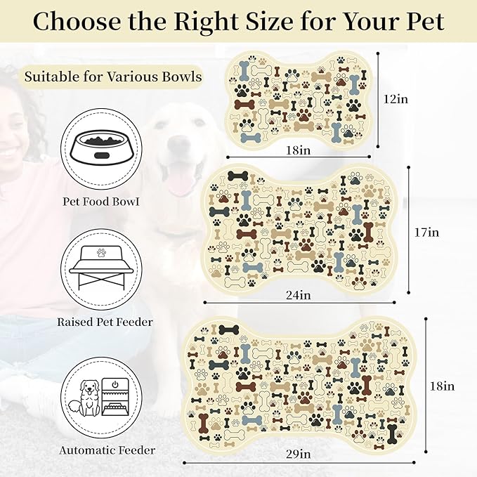 Dog & Cat Food Mat Bone Shaped Pet Feeding Mat Quick Absorb Water Bowl Placemat with Rubber Backing Indoor Floor Stain Resistant Pet Accessory Supplies (Beige, 17x29 Inches)