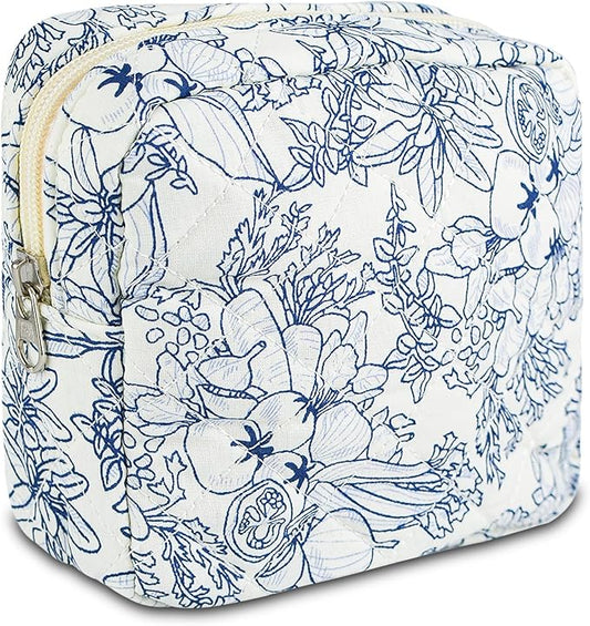 Small Floral Quilted Makeup Bag, Coquette Aesthetic Travel Toiletry Organizer for Women, Lightweight Cotton Cosmetic Pouch