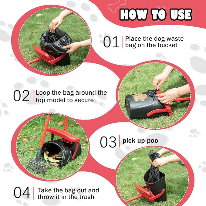 HUZSV Dog Pooper Scooper With Bag Attachment,Heavy Duty Metal Rake&Spade Swivel Bin,NonBreakable Poop Scoop for Small Large Dogs,Includes 100 Waste Bag Odorless Design Easy to Use on Grass,Dirt,Gravel