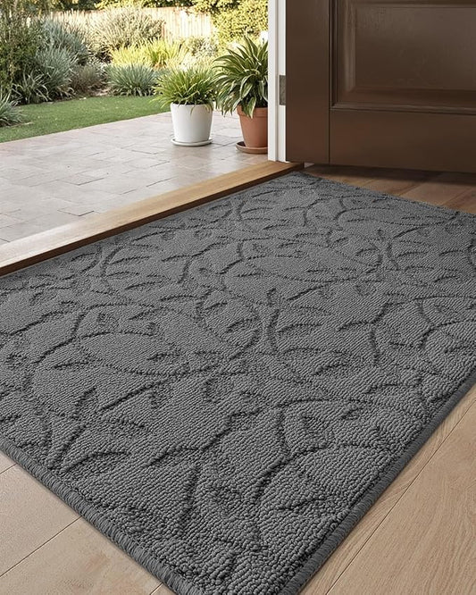DEXI Front Door Mat Inside Entrance 24x36, Non Slip Dirt Trapper Doormat, Low Profile Thin Entry Mat, Absorbent Easy Clean Welcome Mats for Entryway, Patio, Branch Leaf Grey