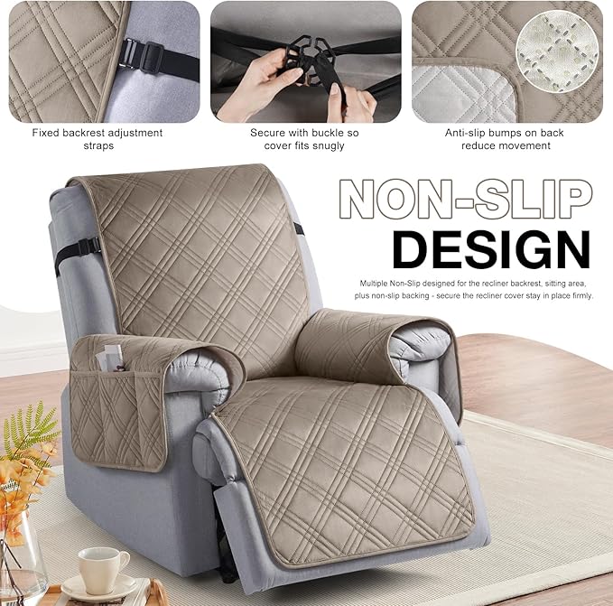 TAOCOCO 100% Waterproof Recliner Chair Cover, Recliner Covers for Recliner Chair with Pocket, Non Slip Reclining Chair Cover Furniture Protector for Kids, Pets(23.6'', Light Taupe-Velvet)
