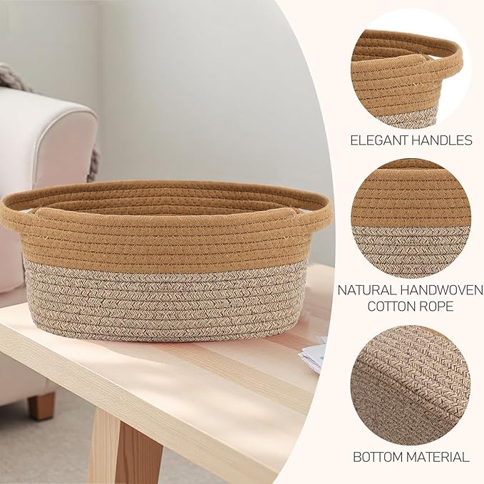 JMvicyroam Woven Basket,Small Rope Storage Bin with Handles & Ribbon Bag, Organizer for Shelves Closets,Gift Basket Empty for Birthday,Books,Dog Toys, Jute&Brown