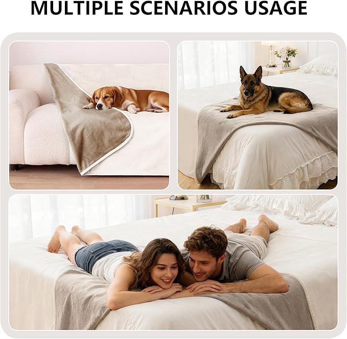 Waterproof Dog Blanket for Bed, Reversible Queen Size Pet Couch Throw Blankets Leak Proof Sofa Protector for Furniture Machine Washable-82x95,Khaki+Beige