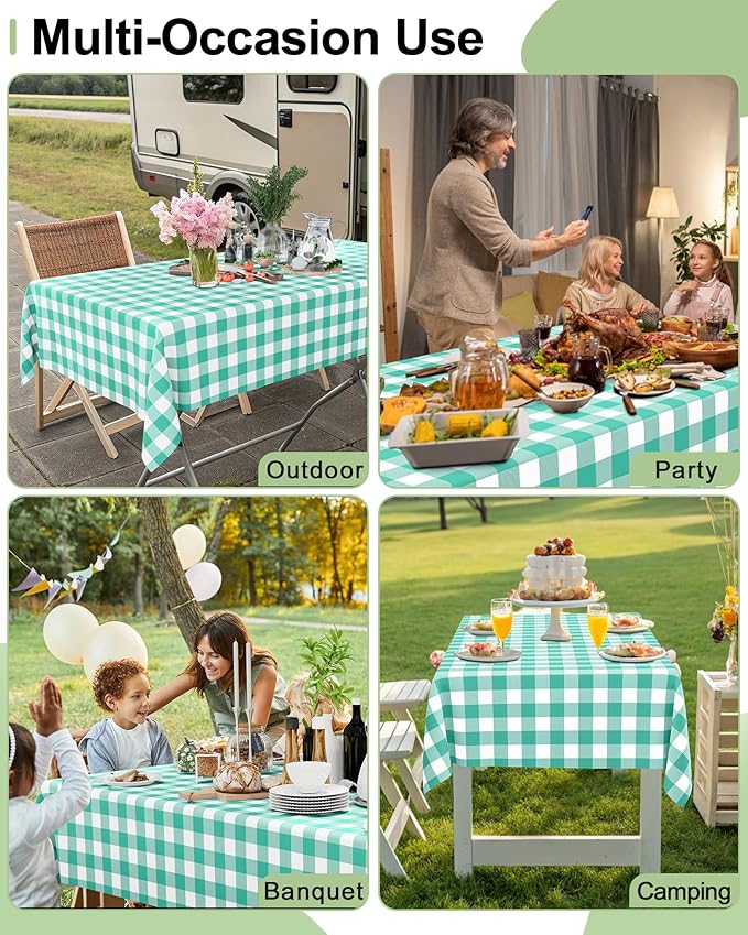 Smiry 8 Packs Gingham Disposable Table Cloth, 54 x 108 Inch Waterproof Plastic Tablecloth, Rectangle Teal and White Checkered Table Covers for Picnic, Birthday, Party