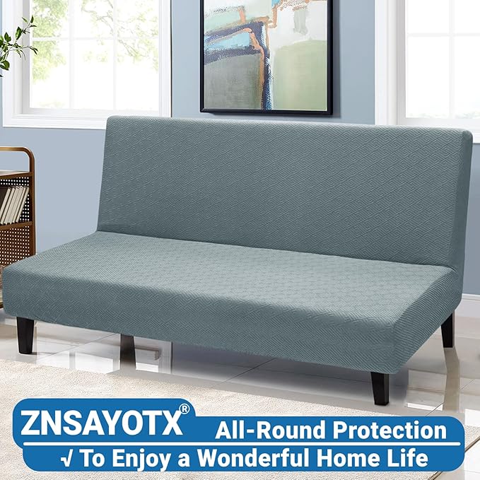ZNSAYOTX Stretch Fit Futon Cover (67"-82") Armless Futon Sofa Bed Slipcover with Elastic Band, Universal Foldable Sofa Mattress Protector Full Queen Size, Washable Comfort Jacquard (Light Grey)