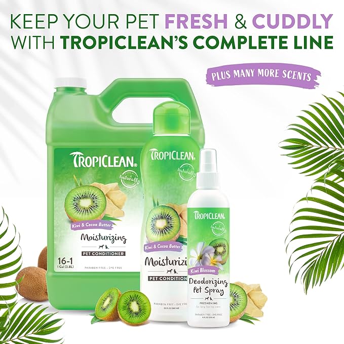 TropiClean Dog Perfume, Long Lasting Kiwi Cologne, Deodorizing Spray for Smelly Dogs, After Bath Detangling Spray with Vitamin E, Safe for Cats, 8oz.