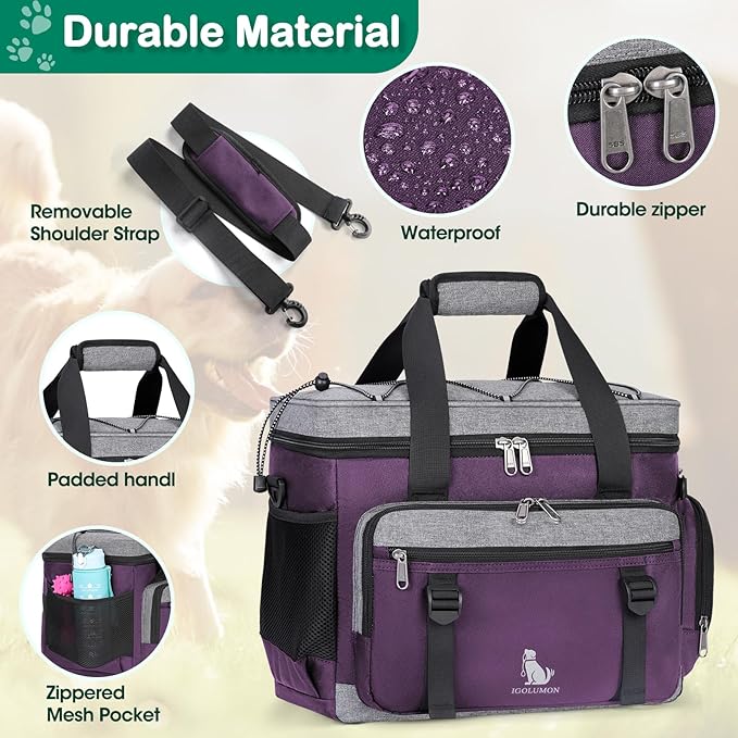 IGOLUMON Dog Travel Bag Large Pet Travel Bags Set for Supplies Weekend Travel Kit Tote Organizer Multi-Pockets Dog Food Travel Bag with 2 Large Food Containers, 2 Dog Bowls, 1 Feeding Mat, Purple