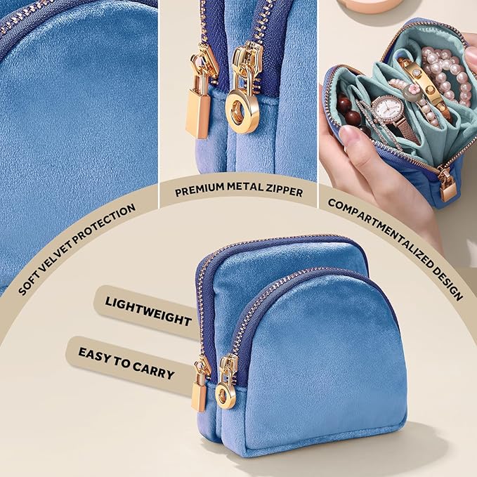 Small Travel Jewelry Case Set 2-in-1 Detachable Velvet Pouches, Portable Jewelry Organizer bag for Rings Earrings Bracelets, Gift Box for Women (Aqua Blue)