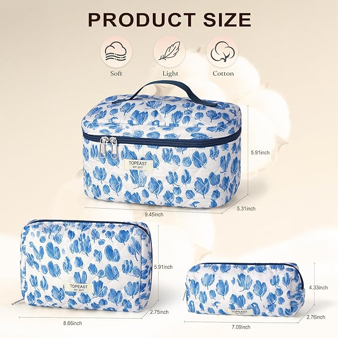 TOPEAST Christmas Gifts for Women Girls - 3Pcs Makeup Bag Large Cotton Travel Make Up Bags, Cute Quilted Floral Cosmetic Organizer Potable Brushes Toiletry Bag Set, Blue Floral