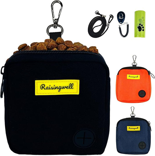 Raisingwell Dog Treat Pouch for Pet Walking and Training with Clicker Poop Bags Small Fanny Zipper Pack Holder for Puppy Snack Dispenser Kit for Leash and Outdoor Use (Black)