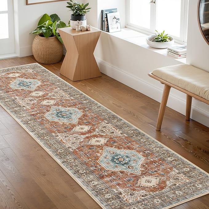 Lahome Oriental Hallway Runner Rug, 2.5x8 Kitchen Runner Non Slip Ultra-Thin, Soft Washable Hallway Rug Non Shedding Long Carpet for Entryway ‎Laundry Room Bathroom Eleanor, Orange/Multi
