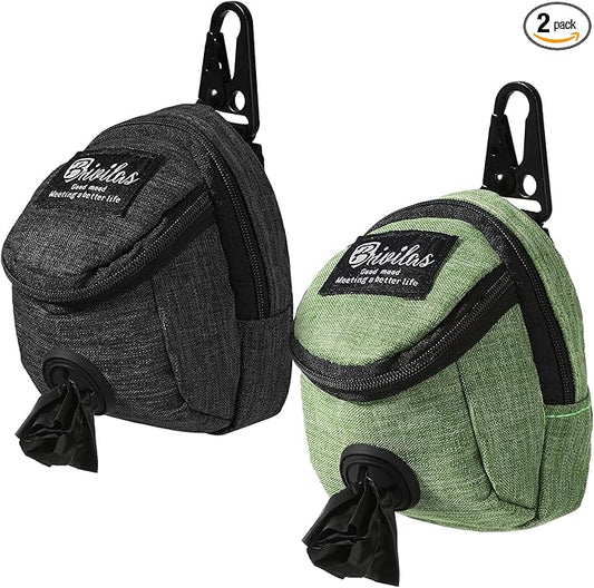 Talltalk 2 Pieces Dog Treat Pouch Pet Dog Poop Holder Dispenser Outdoor Carrier Waste Zipper Pouch with Metal Button for Most Leash (Green, Black)