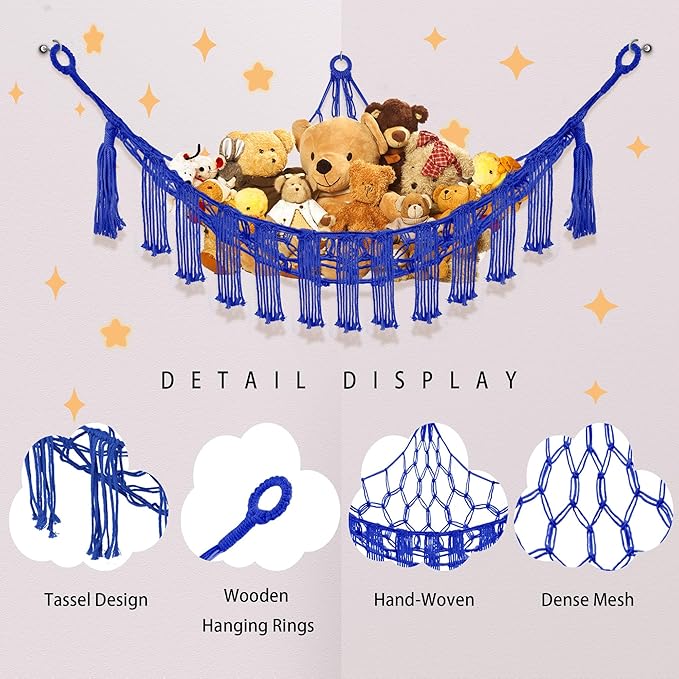 CERETIA Stuffed Animal Hammock with LED Light, Toy Hammock for Stuffed Animals Storage for Kids Room Decor, Stuffed Animal Hammock Corner, Royal Blue