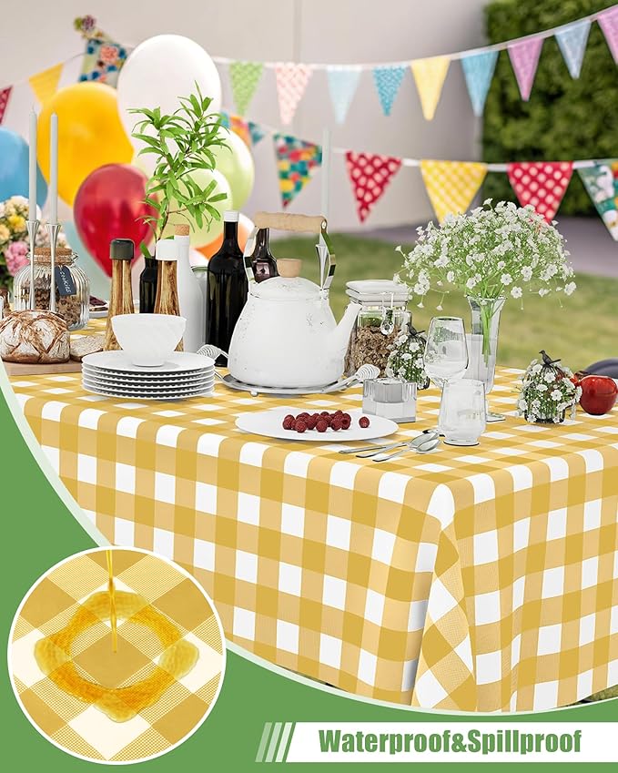 Smiry 20 Packs Gingham Disposable Table Cloth, 54 x 108 Inch Waterproof Plastic Tablecloth, Rectangle Gold and White CheckeGold Table Covers for Picnic, Birthday, Party